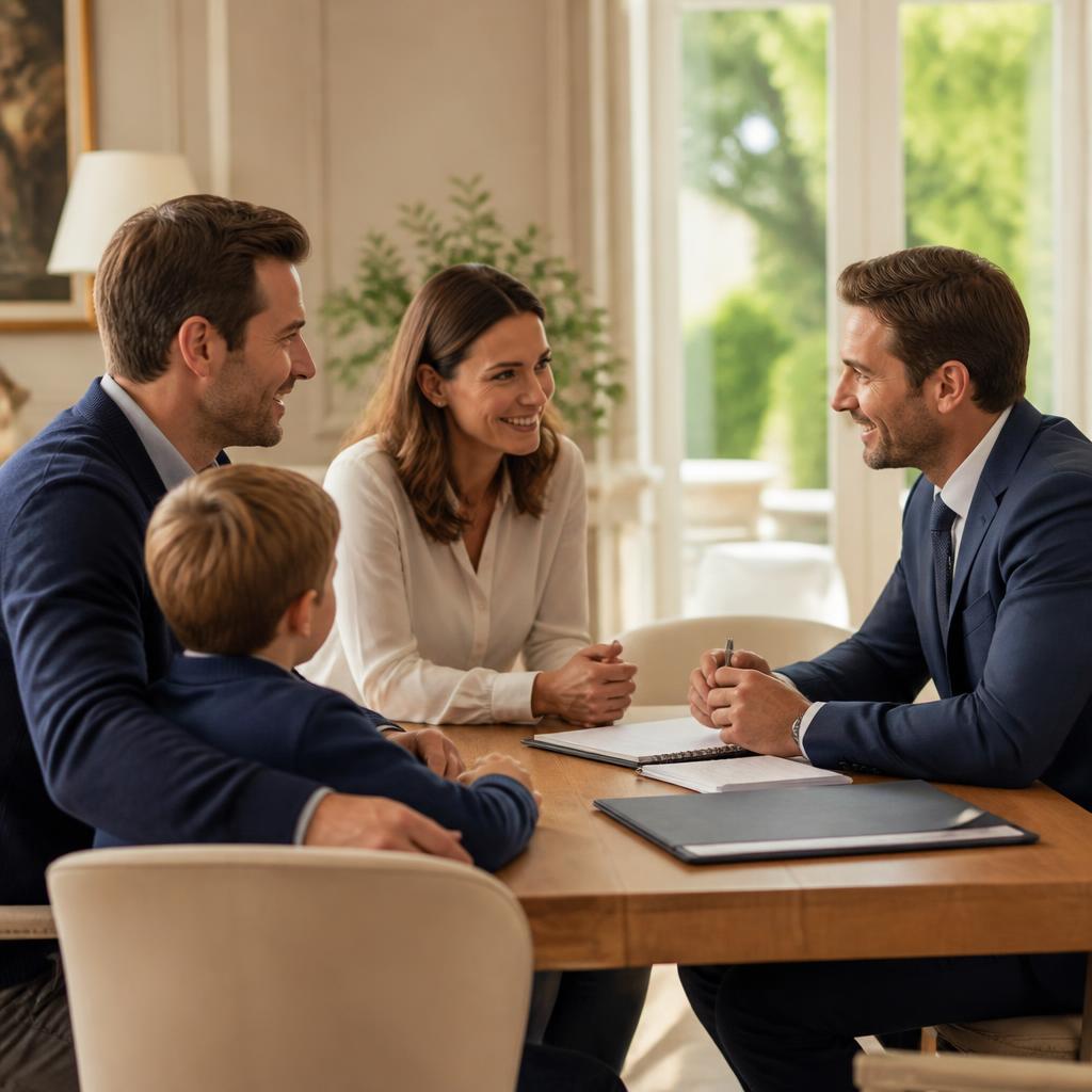 Asesor de Mutual Care conversando con una familia en un espacio cálido y elegante