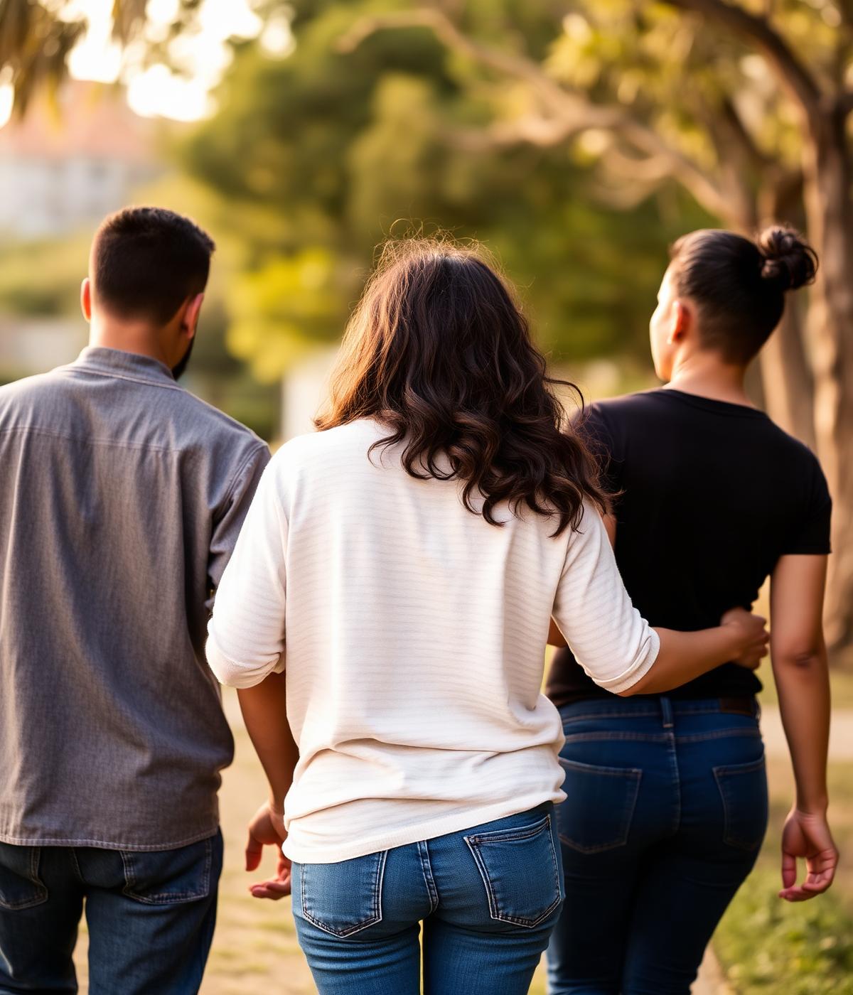 Familia caminando junta al aire libre en luz natural
