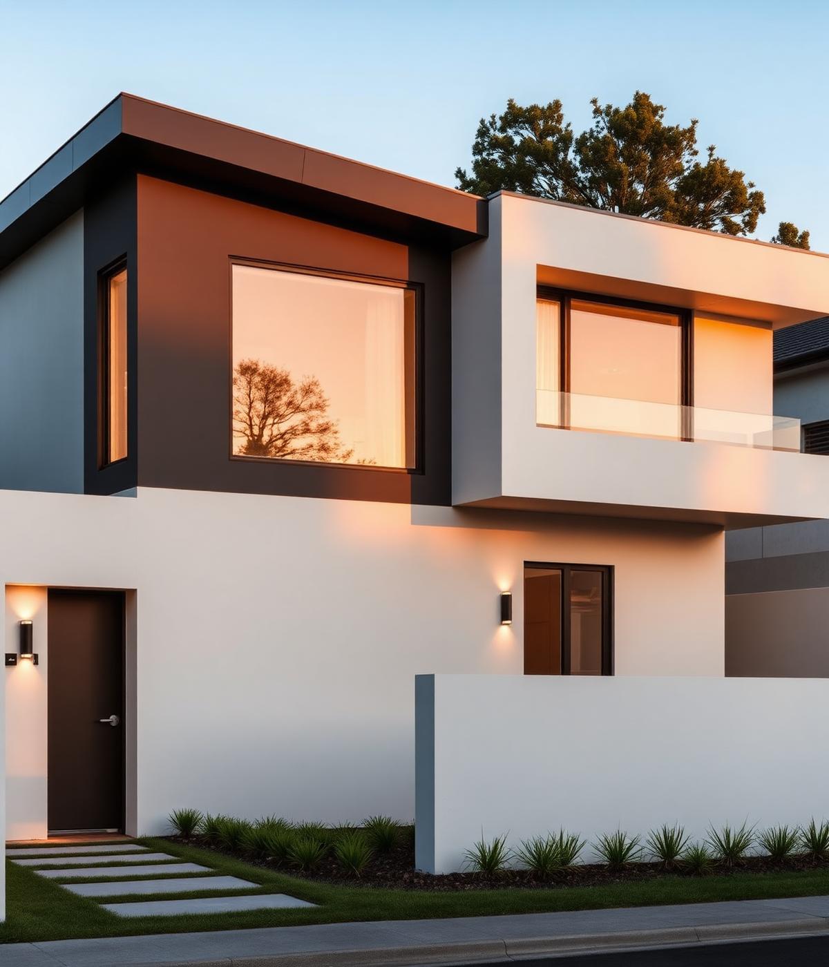 Vivienda moderna de líneas minimalistas al atardecer